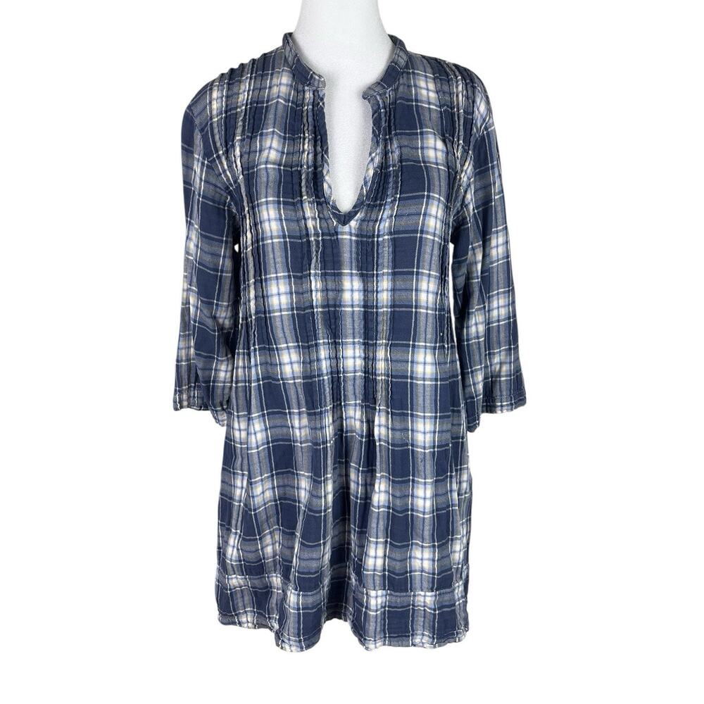 CP Shades Blue Plaid Tunic Top 100% Cotton Coastal Minimalist Casual Size Small